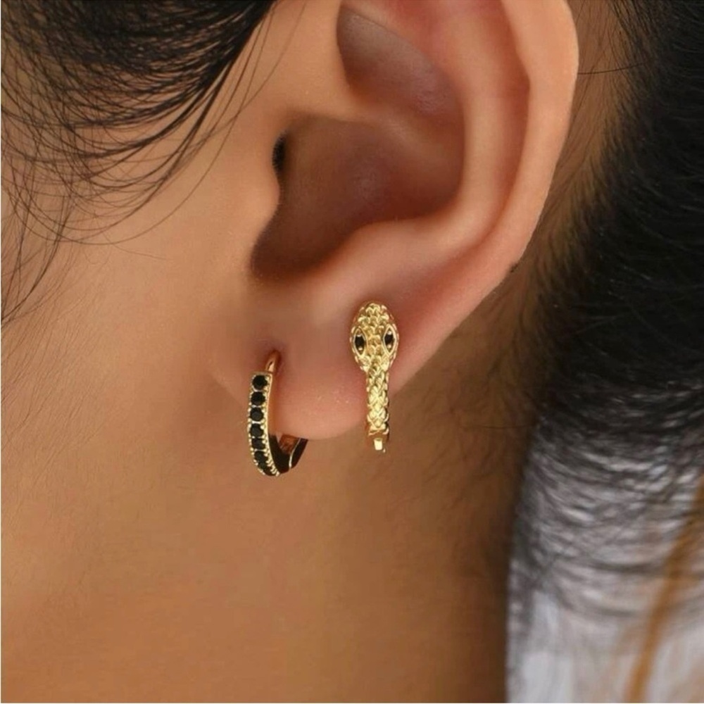 Gold 4pc Black Rhinestone Snake Hoop Earrings